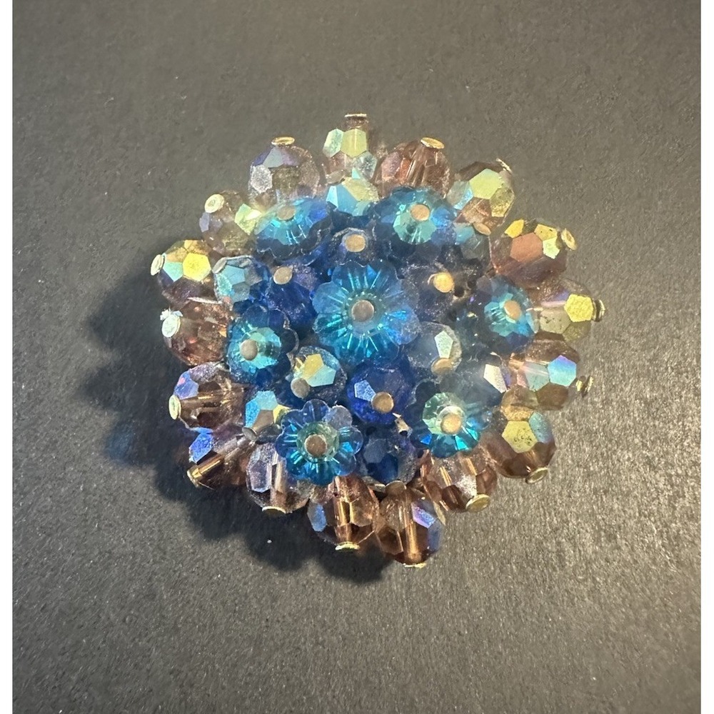 Vintage Rhinestone‎ Brooch Orange Blue Flower Brooch Pin